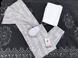 Men’s Ash Gray Embroidered Kurta Pajama Set with Sequins Work, Indian Ethnic Wear for Wedding & Festival, KPS-3010