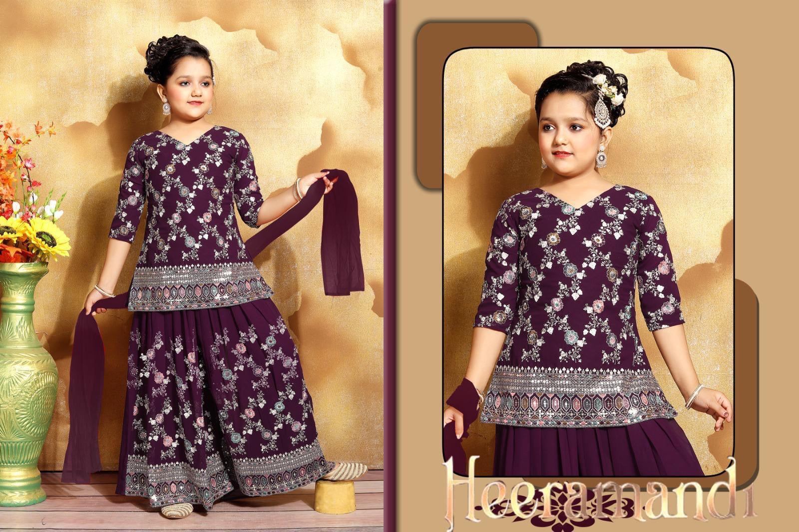 Girls’ Indian Ethnic Palazzo Suit – Dark Wine Shade with Heavy Embroidery & Sequins, GRL -1947