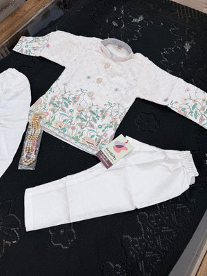 Boys 3 Piece White Silk Blend Indian Dress Set with Sherwani Kurta, Dhoti & Pajama – Ethnic Wedding and Festive Outfit B-2023