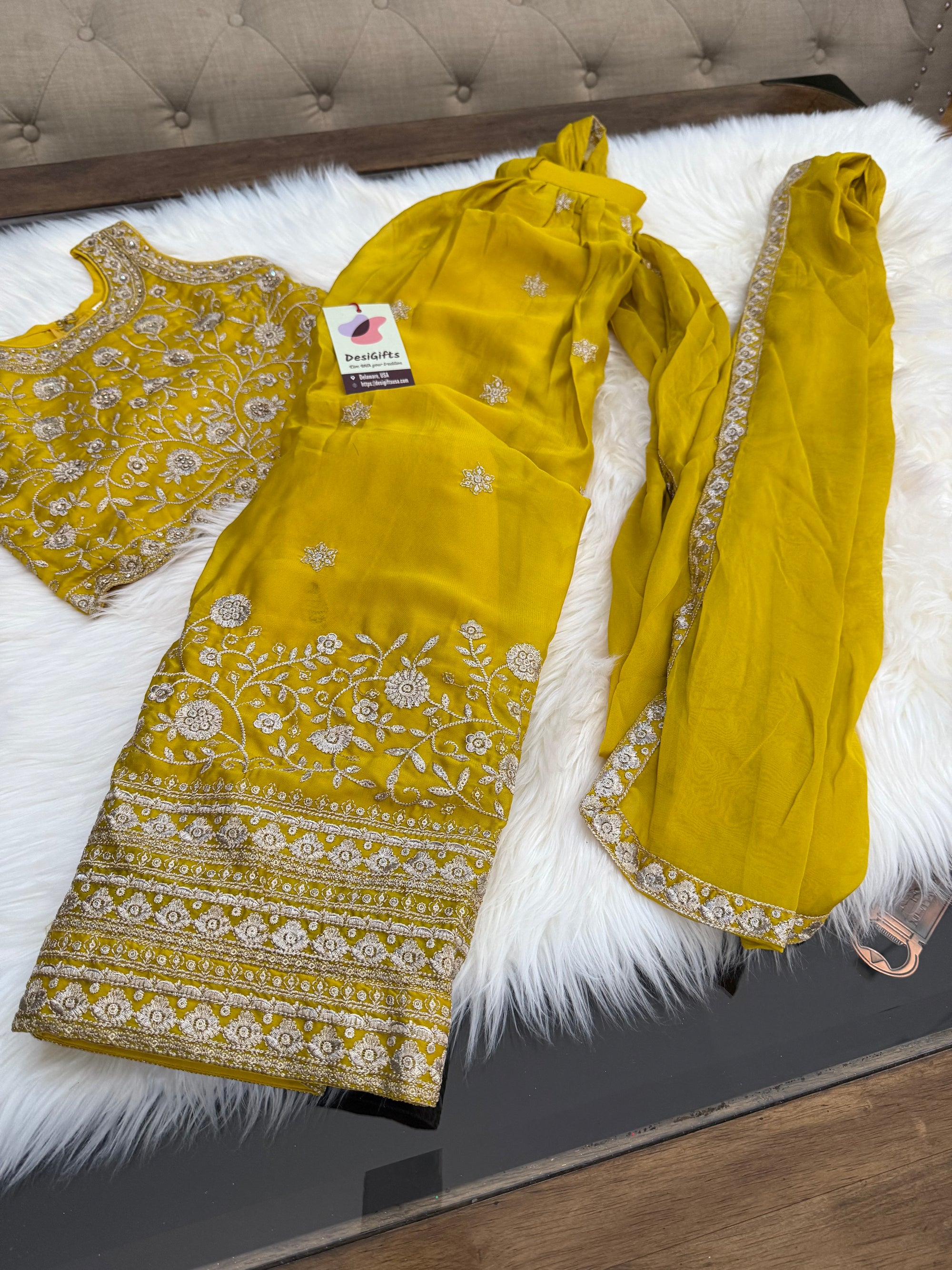 Lemon Yellow Shade Lehnga Choli in Sari Style, Half Sari, , Indian traditional festive outfit for Princess, Girl Design GRL - 1956