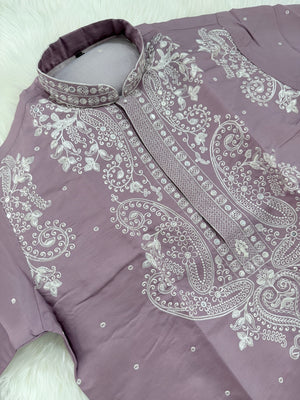 Lavender Shade Trendy Kurta Pajama for Men with Intricate White Embroidery, Wedding & Festive Indian Outfit, KP-1417