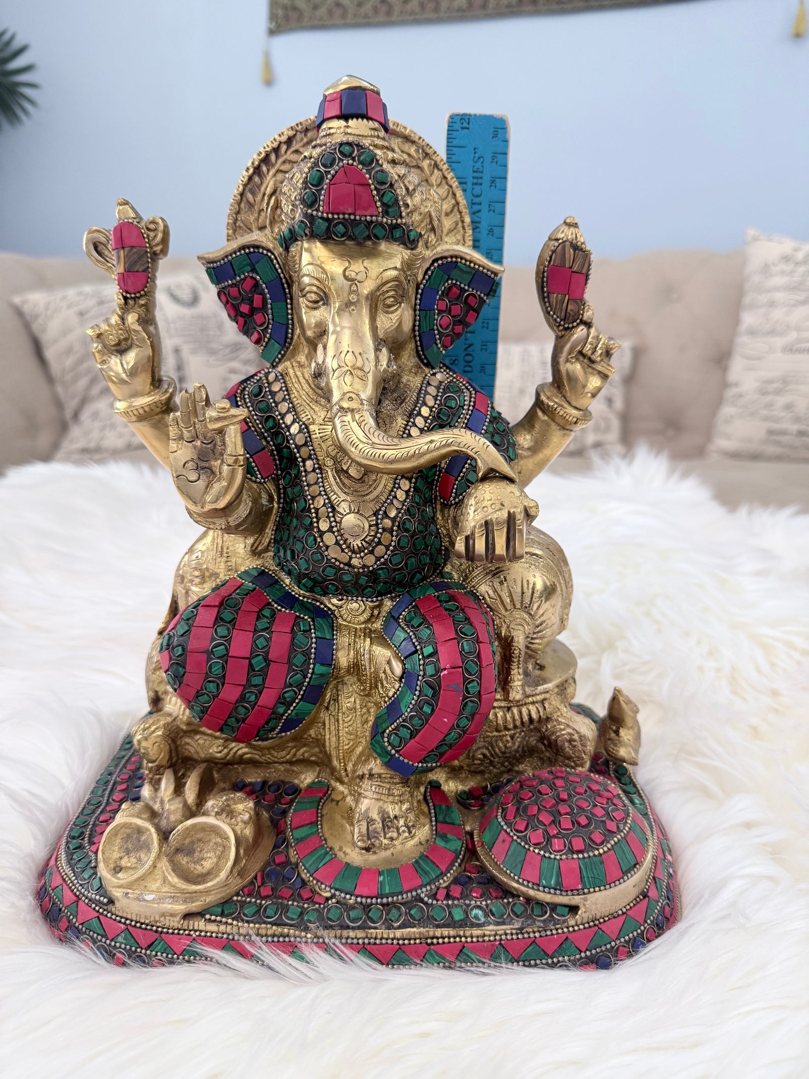 Brass Lord Ganesha Statue with Colorful Stone Inlay | Decorative Ganesh Idol for Home Temple, Office, Pooja & Gift, GIB - 133