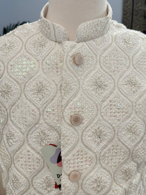 Luxury Cream Bead & Sequin Embroidered Nehru Jacket for Men – Heavy Thread Work Wedding Waistcoat | J-3034