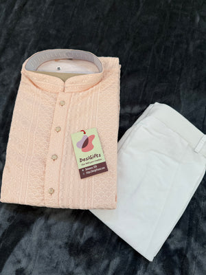 Pastel Peach Shade Chikankari Rayon with Sequins 2 Piece Kurta Pajama Set, Father & Son's Outfit, DM -1807