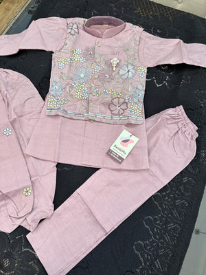 Onion PInk Shade 4 Piece Boy's Cotton  Silk Ethnic Kurta with Jacket, Dhoti and Pajama- Design B-2026