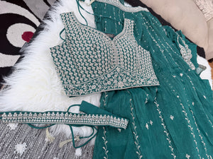Embroidered Lehenga Saree Style Set with Blouse & Dupatta – Teal Blue / Olive Green Wedding & Festive Indian Ethnic Wear, Design LHG - 4007