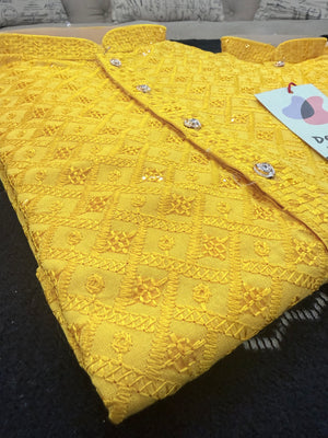 Men & Boys Marigold Yellow Rayon Chikankari with Sequins Kurta Pajama Set | Matching Father Son Option Festive Outfit with Sequin Work, DM -1422