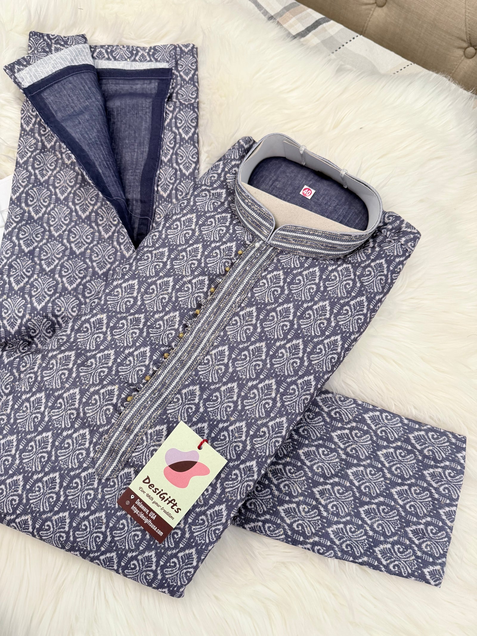 Men's Steel Blue Printed Kurta Pajama Set | Designer Indian Ethnic Wear with Mandarin Collar | Wedding, Diwali & Festive Outfit, KP-4089