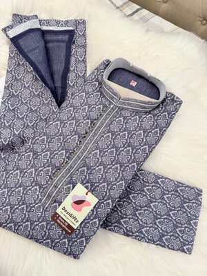 Men's Steel Blue Printed Kurta Pajama Set | Designer Indian Ethnic Wear with Mandarin Collar | Wedding, Diwali & Festive Outfit, KP-4089