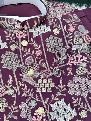 Stylish Men’s 3-Piece Plum Purple Shade Kurta Pajama with Embroidered Sequins Jacket, Silk Ethnic Wear for Wedding & Festive, KPJ-4052