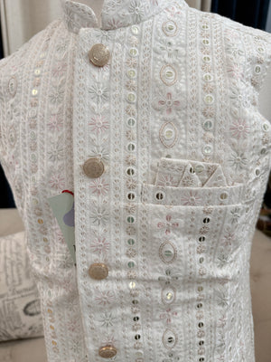 Festive White Ethnic Jacket for Men – Pastel Thread Embroidery with Sequins – Heavy Thread Work Wedding Waistcoat | J-3032