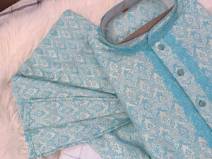 Men's Aqua Blue Kurta Pajama Set | Jacquard silk Kurta Set with Trouser Pant | Traditional Indian Wedding, Diwali & Festive Wear, KP-4084