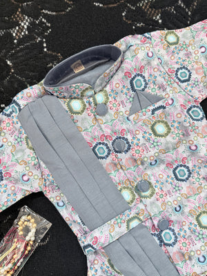 Boys 3 Piece Gray Silk Blend Indian Dress Set with Jacket, Dhoti & Pajama – Ethnic Wedding and Festive Outfit B-2019