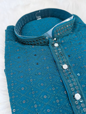 Teal Shade Chikankari Embroidery with Sequins 2 Piece Viscose Rayon Kurta Pajama Set, Indian Partywear Kurta SetKP-1979