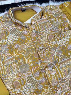 Festive Men’s 3-Piece Mustard Yellow Shade Kurta Pajama with Embroidered Sequins Jacket, Silk Ethnic Wear for Wedding & Festive, KPJ-4053