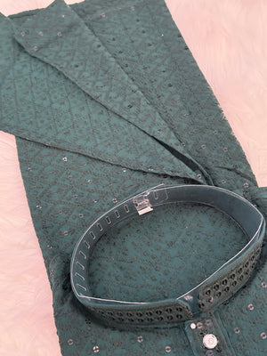 Green Shade Chikankari Embroidery with Sequins 2 Piece Viscose Rayon Kurta Pajama Set, Indian Partywear Kurta SetKP-1978