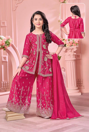 Girls Rani Pink Embroidered Sharara Suit Set with Dupatta, Indian Ethnic Party Wear for Weddings & Festivals,GRL-3002