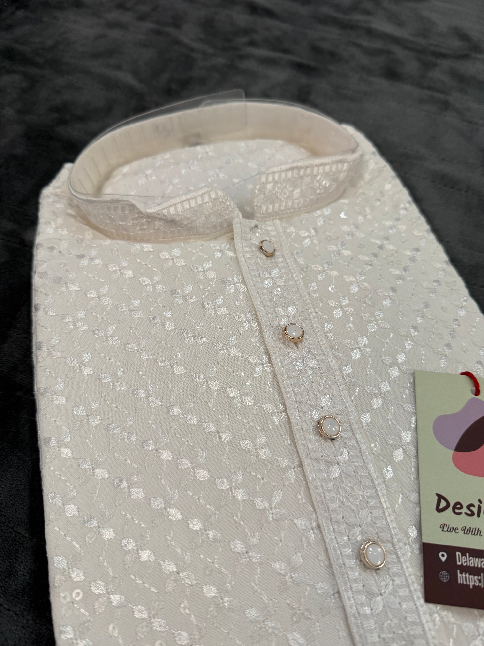 White Chikankari Shirt-Style Short Kurta with Sequins – Ethnic Casual Kurta, SK - 1936