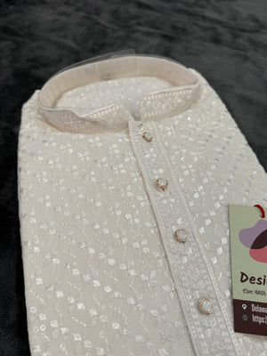 White Chikankari Shirt-Style Short Kurta with Sequins – Ethnic Casual Kurta, SK - 1936