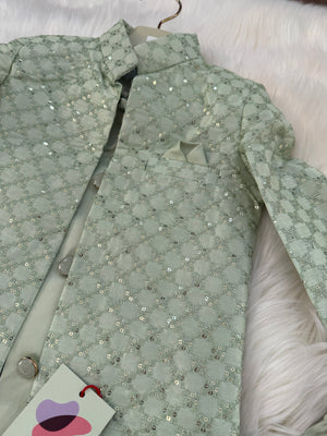 Boy's Green Shade Cotton Silk 3 Piece Indo Western Outfit,  Embroidered  Sequins Long Jacket with Pant , Boy's Sherwani Dress - B-2075