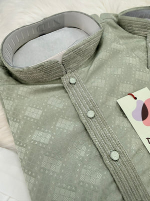 Father & Son Matching option in Dusty Sage Green Kurta Pajama Set | Geometric Jacquard Kurta with Pants | Indian Wedding & Festive Wear, DM-4030