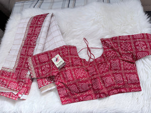 Women’s Off-White Linen Blend Saree with Red Bandhani Print Border & Matching Blouse, Festive Indian Saree, S- 3095