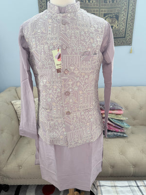 Men’s Pastel Purple 3-Piece Kurta Pajama with Heavy Embroidered Jacket, Wedding & Festive Ethnic Wear, KPJ-3079