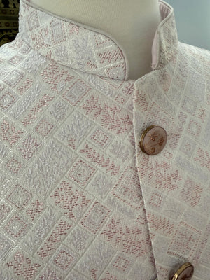 Men’s Pastel Pink Nehru Jacket – Self Woven Silk Indian Sadri, Festive Wedding Waistcoat, Ethnic Modi Jacket for Men, J-3073