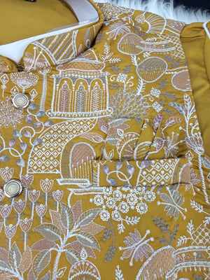 Festive Men’s 3-Piece Mustard Yellow Shade Kurta Pajama with Embroidered Sequins Jacket, Silk Ethnic Wear for Wedding & Festive, KPJ-4053