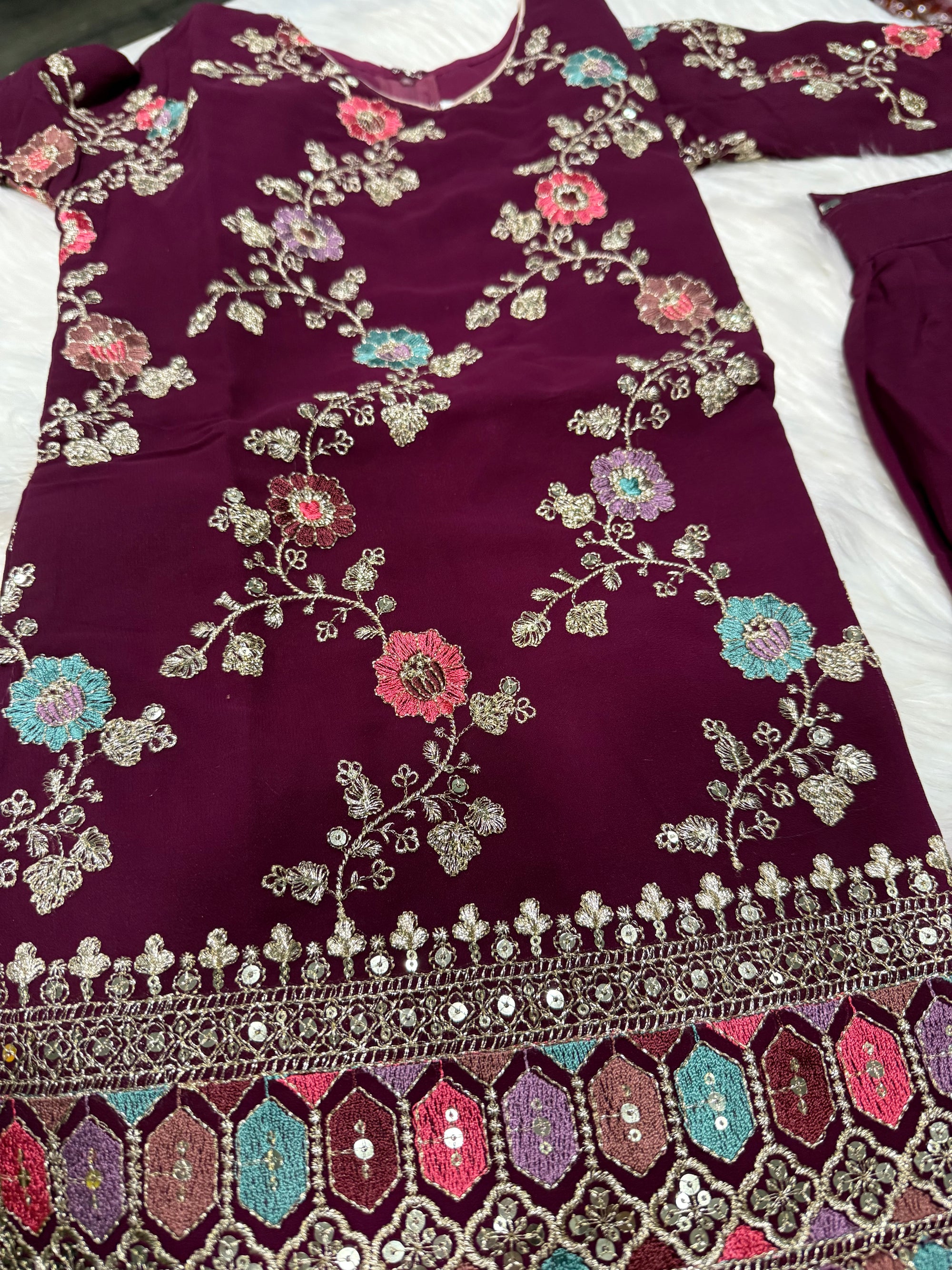 Girls’ Indian Ethnic Palazzo Suit – Dark Wine Shade with Heavy Embroidery & Sequins, GRL -1947
