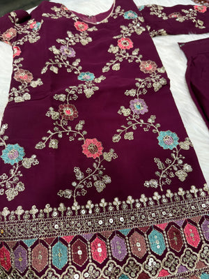 Girls’ Indian Ethnic Palazzo Suit – Dark Wine Shade with Heavy Embroidery & Sequins, GRL -1947