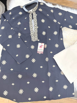 Men’s Navy Blue Shade Embroidered Kurta Pajama Set | Open Neck Kurta with Ivory Trouser Pants | Indian Wedding & Festive Wear, KP-4070