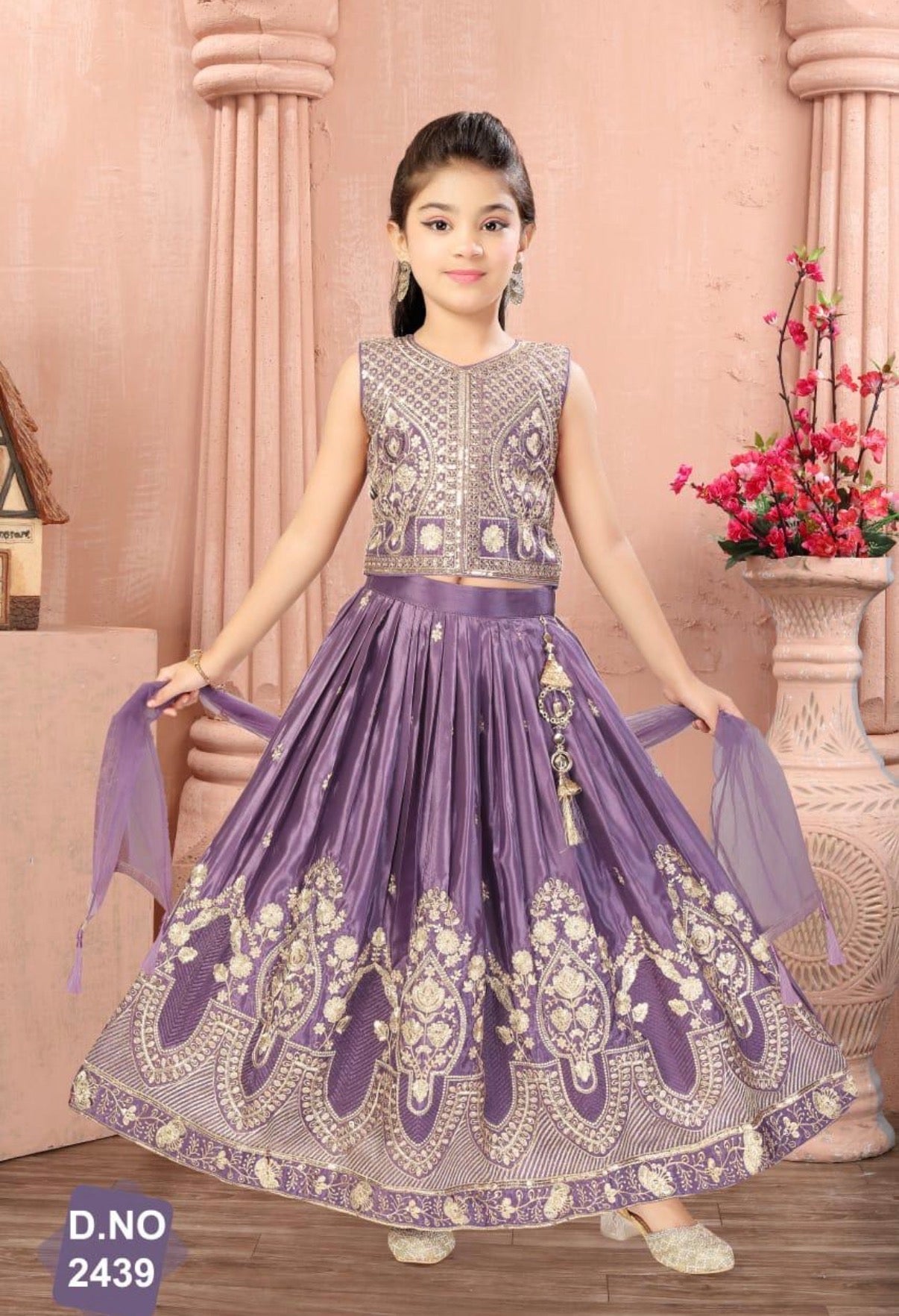 Girls Lavender Purple Zari Embroidered Lehenga Choli Set with Dupatta, Traditional Indian Ethnic Wear for Kids, Wedding & Festival Outfit, G-2096
