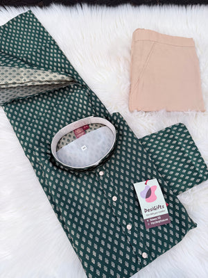 Pine Green with Subtle Gold Motifs Kurta with Beige Trouser, 2 Piece Jacquard Silk Kurta Pajama Set, Man -2047