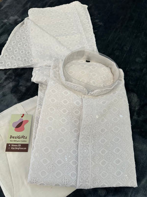 Chikankari Sequins 2 Piece Soft Kurta Pajama Set for Man, White Shade, Embroidered Party Man's Wear, KP - 1496