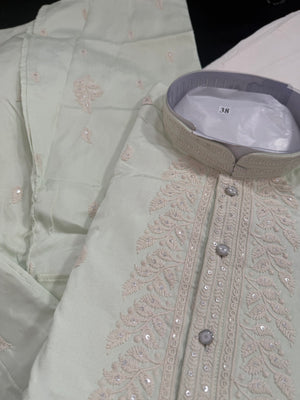 Ethnic Kurta Pajama Set for Men with Classic Embroidery on Neck & Placket – Festive Wedding Kurta Pant Outfit | KP-2064