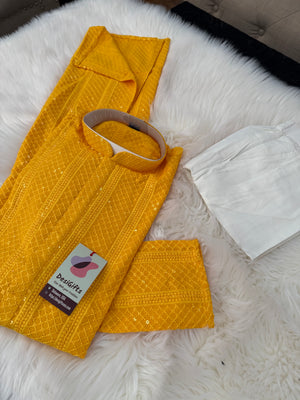 Exquisite Chikankari Sequins 2 Piece Kurta Pajama Set for Man, Yellow Shade, Embroidered Party Man's Wear, KP - 2045