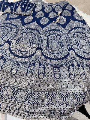 Women’s Designer Lehenga Choli Set with Dupatta | Navy Blue & Rani Pink Silver Zari Jacquard Silk Lehenga | Wedding & Festive Wear, LHG-4021