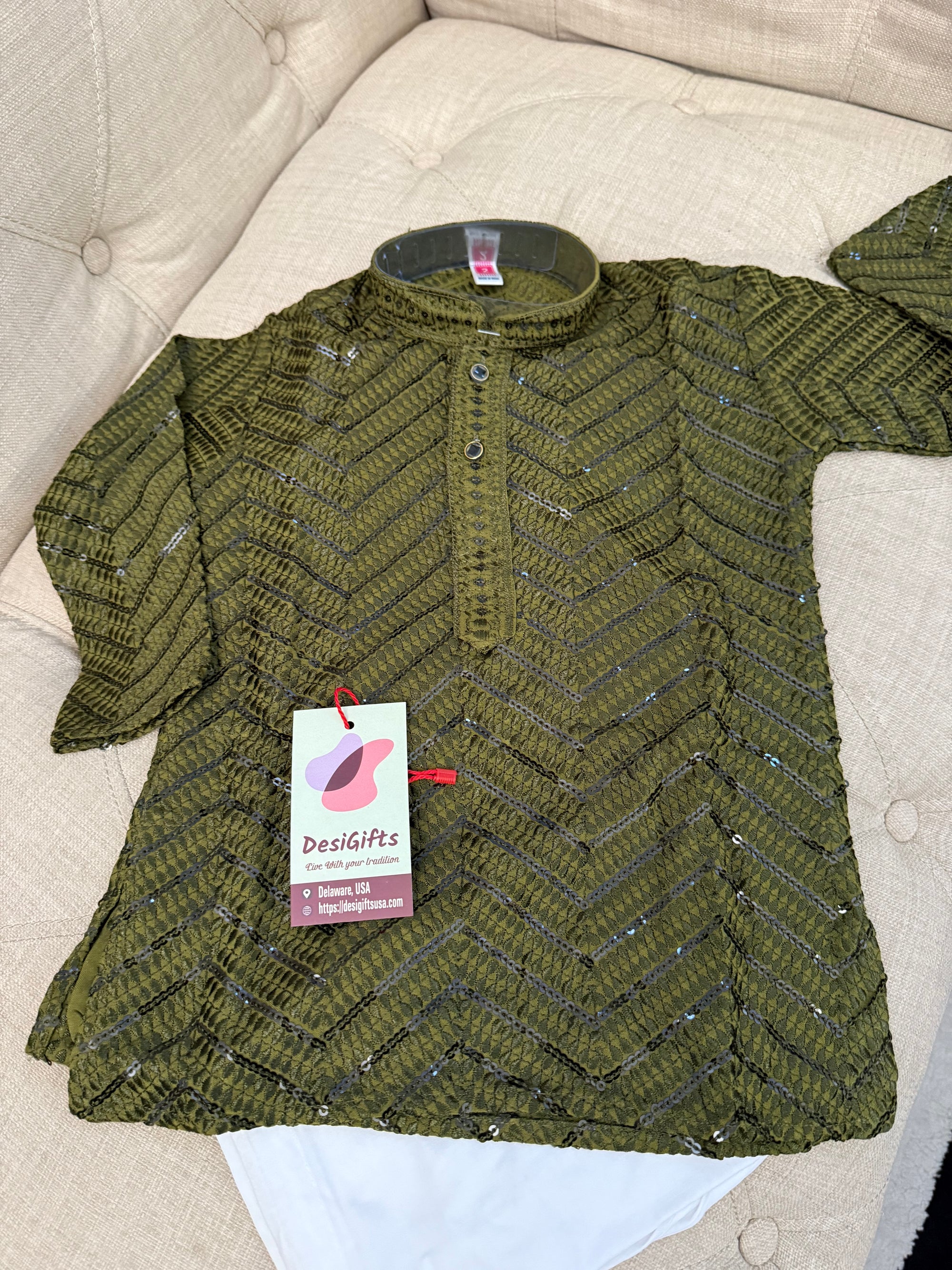 Henna Green Embroidered Boy Kurta Pajama with Sequins Work - BOY-1775