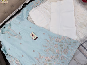 Men’s SkyBlue Shorter Kurta with Parallel Pants | Floral Embroidery Kurta Pajama Set | Indo-Western Wedding & Festive Kurta Set, KP - 4065