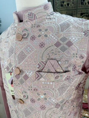 Men’s Dusty Rose Pink Shade 3-Piece Kurta Pajama with Heavy Embroidered Jacket, Wedding & Festive Ethnic Wear, KPJ-3077