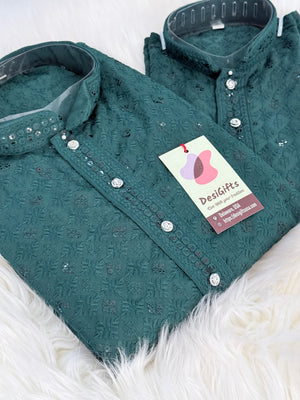 Men & Boys Green Rayon Chikankari with Sequins Kurta Pajama Set | Matching Father Son Festive Outfit with Sequin Work, DM -2078