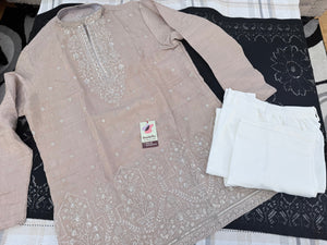 Men’s Dusty Rose-Muted Peach-Pink Embroidered Kurta with with Parallel Pants | Textured Silk Blend Wedding Kurta Pajama Set | Festive Indian Ethnic Wear, KP - 4045