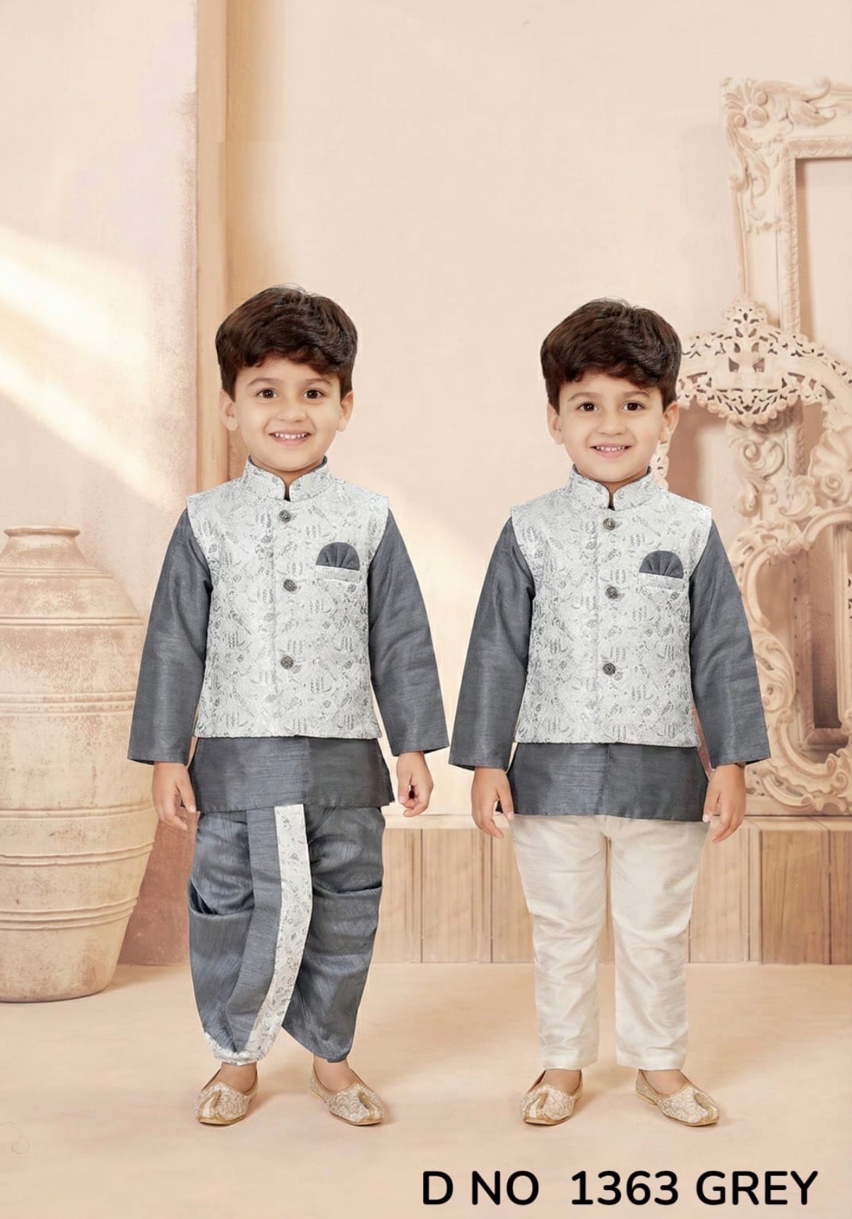 Kids Gray Kurta Dhoti and Pajama Set with offwhite Jacket, Boys Ethnic Wear, Festive Wedding Outfit B-2021