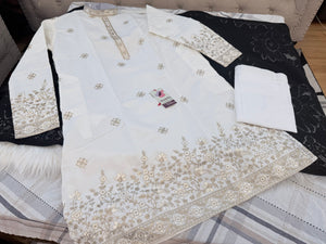Men’s Ivory Embroidered Kurta Trouser Set | Trendy Kurta Pajama Set with Gold Embroidery | Wedding & Festive Wear, KP - 4027