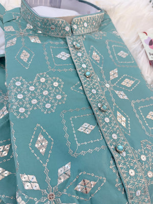 Father & Son Matching Turquoise Blue Kurta Pajama Set | Silver Zari-Style Embroidery, Sequin Work | Festive Wear, DM -4025