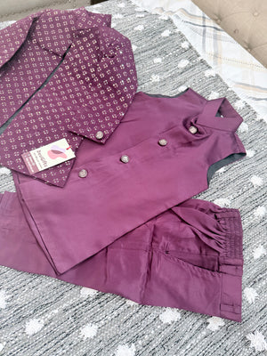 Boy's Purple Shade Cotton Silk 3 Piece Indo Western Outfit,  Embroidered  Sequins Long Jacket with  Pant, Boy's Sherwani Dress - B-3053