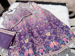 Women’s Purple to Cream Ombré Lehenga Choli Set – Digital Floral Print, Mirror-Style Sequin Work, Faux Georgette Dupatta, Indian Wedding Festive Wear, LHG - 4005