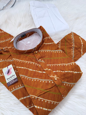 Men’s Rust Orange with Striped Detailing Bandhani-Style Printed Kurta Pajama Set | Festive Indian Ethnic Wear – 3067