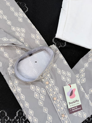 Men’s Ash Gray Embroidered Kurta Pajama Set with Sequins Work, Indian Ethnic Wear for Wedding & Festival, KPS-3010